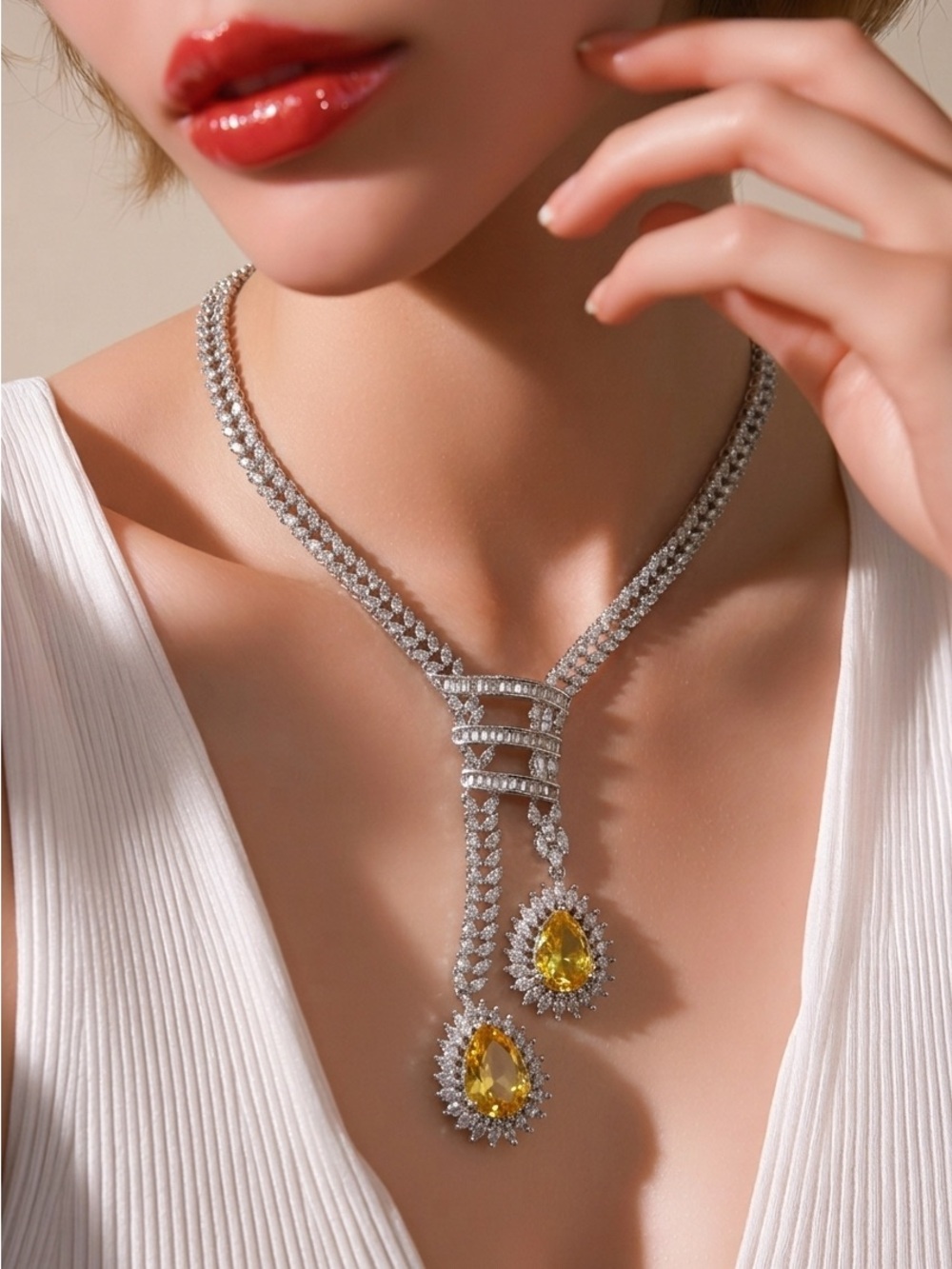 Elegant Silver Necklace set with Yellow Gemstone Drop